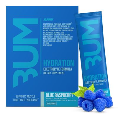 RAW Electrolytes Powder Hydration Drink Mix Packets, BUM Hydrate (Blue Raspberry, 20 Servings), Electrolyte Hydration Packets Support Muscle Function &amp; Endurance, Keto Free Electrolytes Powder Packets