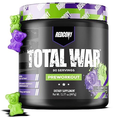 REDCON1 Total War Preworkout - Contains 320mg of Caffeine from Green Tea, Juniper &amp; Beta Alanine - Pre Work Out with Amino Acids to Increase Pump, Energy + Endurance (Sour Gummy Bear, 30 Servings)