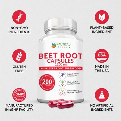 Beet Root Capsules - 1200mg Per Serving - 200 Beet Root Powder Capsules - Beetroot Powder Supports Blood Pressure, Athletic Performance, Digestive, Immune System (Pure, Non-GMO &amp; Gluten Free