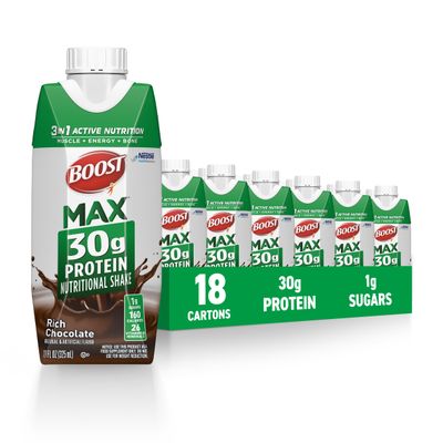 BOOST MAX Protein Shakes Ready to Drink - 30g High Protein Shake - Chocolate | Nutritional Drinks to Support Muscle Recovery After Exercise, 26 Vitamins &amp; Minerals, 1g Sugar, 11 fl oz (Pack of 18)