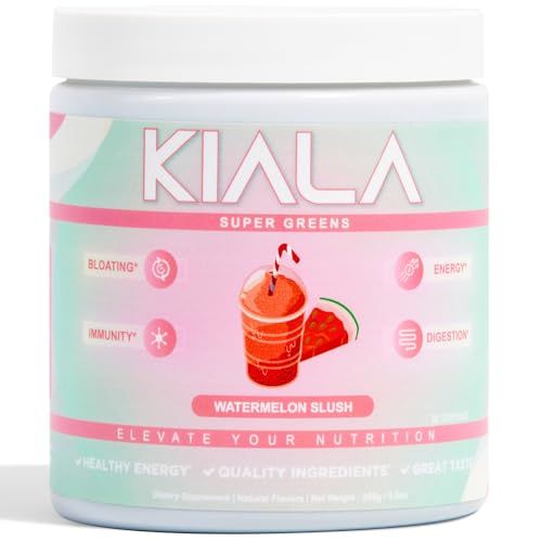 Kiala Nutrition Super Greens, Organic Greens Powder with Spirulina &amp; Chlorella for Digestion, Gut Health, Immunity &amp; Energy, Gluten Free, Vegan, Daily Support for Women, Watermelon Slush, 30 Servings