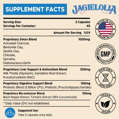 Jagielolia All-in-One Detox Binder Supplement 1500 MG - High Bioavailability, Liver Gut Detox Cleanse with Activated Charcoal, Zeolite & Bentonite Clay for Toxins, Liver, Digestive, 90 Vegan Capsules