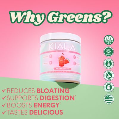 Kiala Nutrition Super Greens, Organic Greens Powder with Spirulina &amp; Chlorella for Digestion, Gut Health, Immunity &amp; Energy, Gluten Free, Vegan, Daily Support for Women, Watermelon Slush, 30 Servings