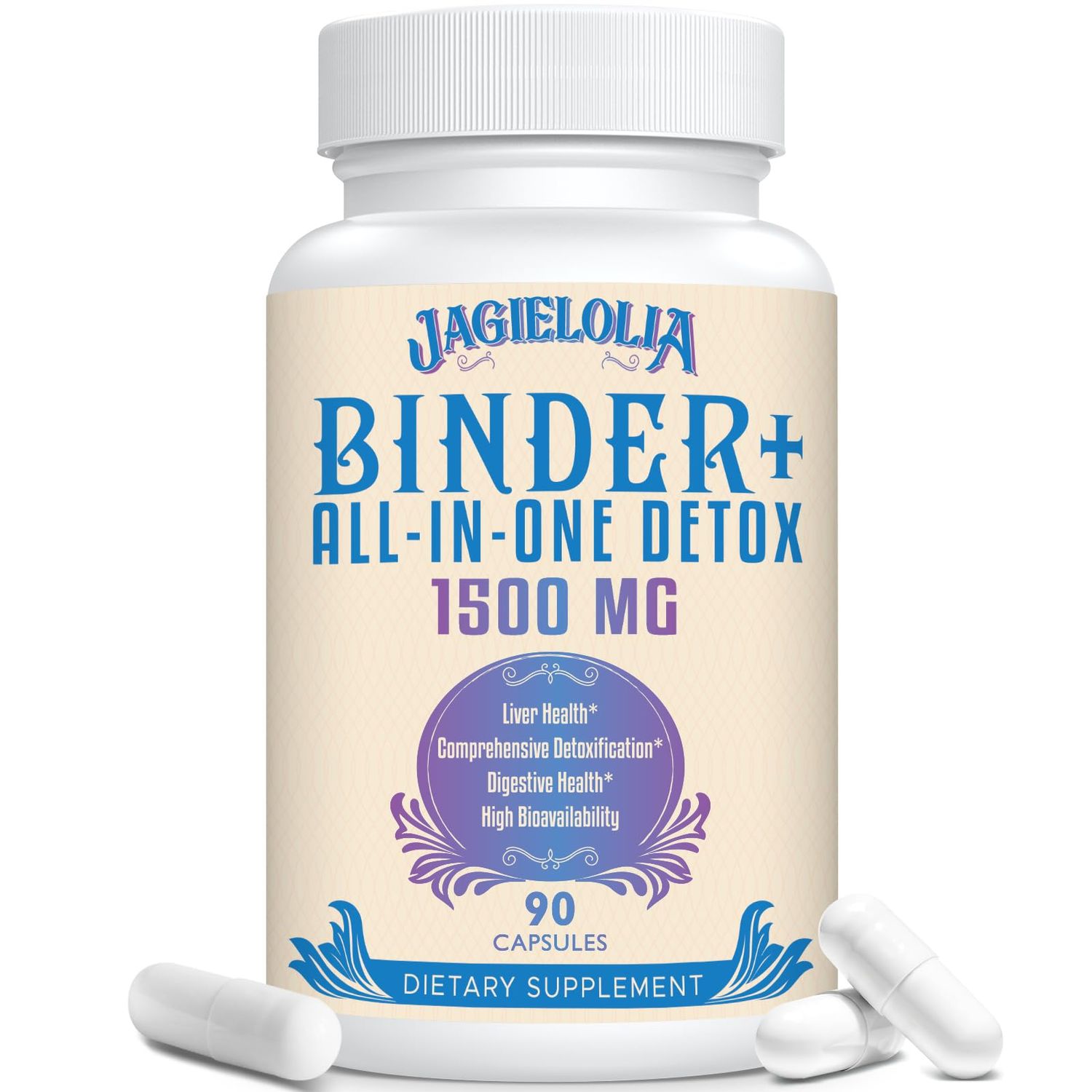Jagielolia All-in-One Detox Binder Supplement 1500 MG - High Bioavailability, Liver Gut Detox Cleanse with Activated Charcoal, Zeolite &amp; Bentonite Clay for Toxins, Liver, Digestive, 90 Vegan Capsules