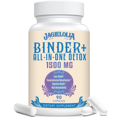 Jagielolia All-in-One Detox Binder Supplement 1500 MG - High Bioavailability, Liver Gut Detox Cleanse with Activated Charcoal, Zeolite &amp; Bentonite Clay for Toxins, Liver, Digestive, 90 Vegan Capsules