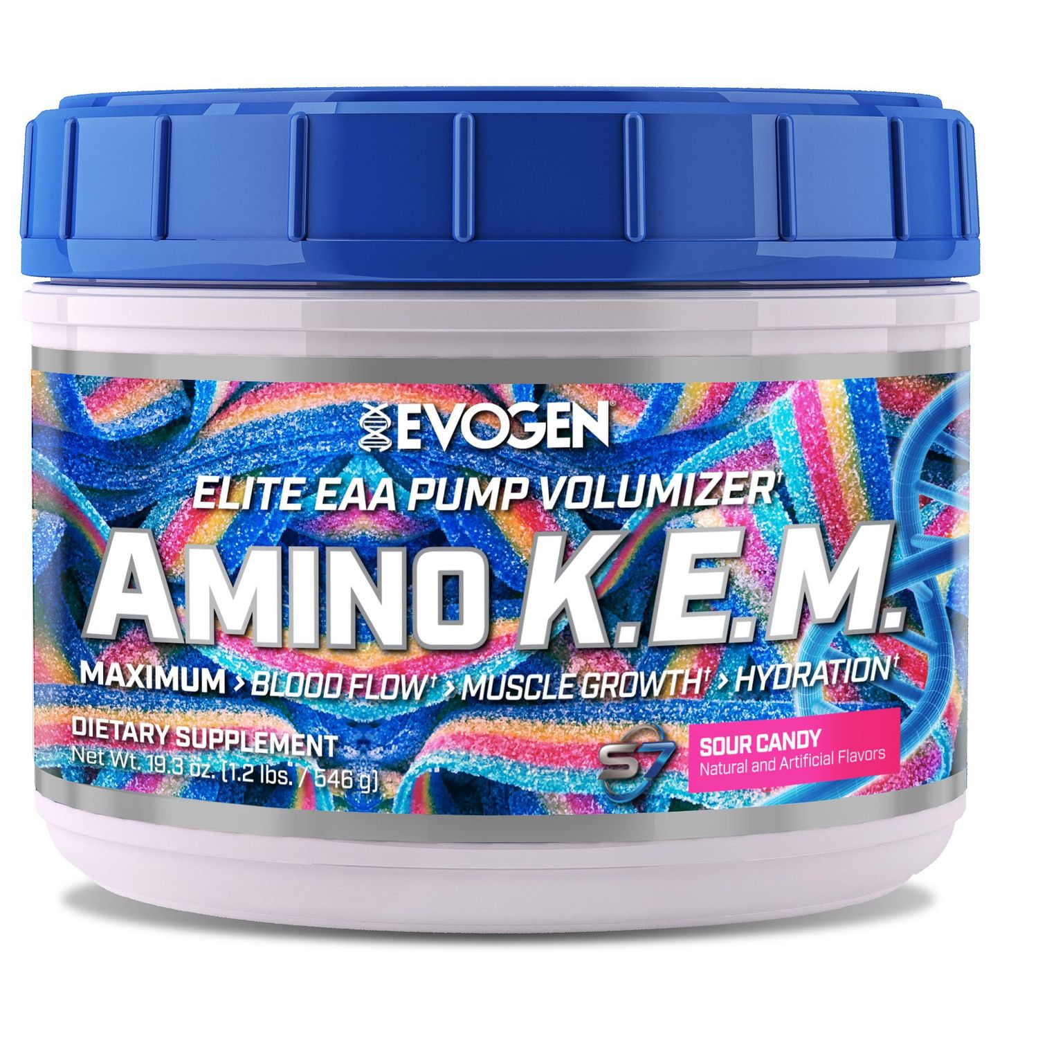 Evogen Amino KEM - Elite EAA Pump Volumizer | Supports Blood Flow, Muscle Growth, Hydration | Full Spectrum EAAs &amp; BCAAs, S7 Nitric Oxide Blend | Sour Candy | 30 Servings
