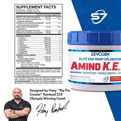 Evogen Amino KEM - Elite EAA Pump Volumizer | Supports Blood Flow, Muscle Growth, Hydration | Full Spectrum EAAs & BCAAs, S7 Nitric Oxide Blend | Sour Candy | 30 Servings