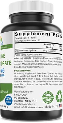 Brieofood Creatine Pills 3000 mg per Serving - 240 Tablets - 3rd Party Lab Tested for Purity & Quality - Helps Improve Athletic Performance