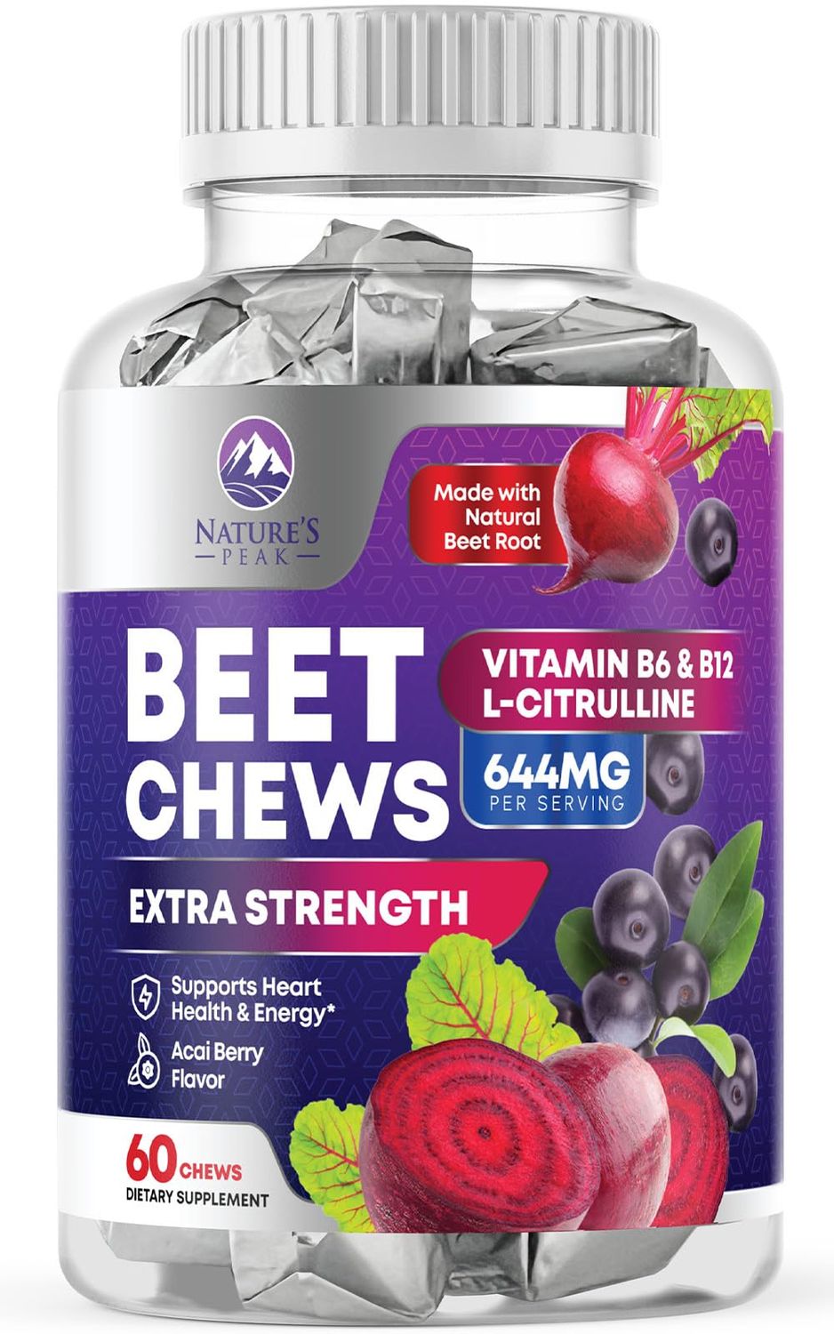 Beets Heart Chews - Soft Beet Root Chewables with Grape Seed Extract Supports Heart Health &amp; Energy with Powerful Antioxidants, Beetroot Nitric Oxide Supplement, Acai Berry Flavor, 60 Vegan Soft Chews