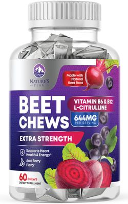 Beets Heart Chews - Soft Beet Root Chewables with Grape Seed Extract Supports Heart Health &amp; Energy with Powerful Antioxidants, Beetroot Nitric Oxide Supplement, Acai Berry Flavor, 60 Vegan Soft Chews