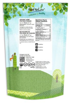 Food to Live Organic Hemp Protein Powder, 8 Ounces - 50% Protein, Non-GMO, Non-Irradiated, Pure, Kosher, Vegan Superfood, Rich in Iron and Fiber