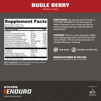 MTN OPS Enduro Nitric Oxide Supplement &amp; Stim-Free Pre Workout - 30 Servings - with Magnesium Citrate, Beet Root Powder, Niacinamide, L Arginine &amp; L Citrulline - Bugle Berry Flavor