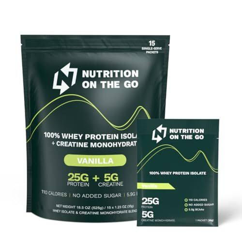 Vanilla Whey Protein Powder with Creatine - 25g Protein, 5g Creatine - Single-Serve Packets for Travel, Gym, On The Go, and Recovery - Gluten-Free, Low-Calorie, No Added Sugar (15-Pack)