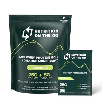 Vanilla Whey Protein Powder with Creatine - 25g Protein, 5g Creatine - Single-Serve Packets for Travel, Gym, On The Go, and Recovery - Gluten-Free, Low-Calorie, No Added Sugar (15-Pack)