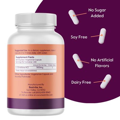 BESTVITE L-Ornithine 500mg (240 Vegetarian Capsules) - No Stearates - No Fillers - Vegan - Non GMO - Gluten Free