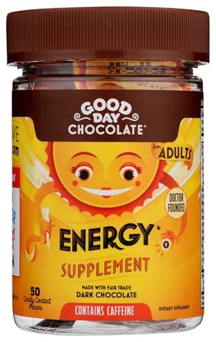 Good Day Chocolate Energy Supplements for Adults [50 Count] Fair Trade Caffeine Chocolate with B-Vitamins, Green Tea Extracts and 20 mg Caffeine Per Piece - Energy Booster for Women and Men