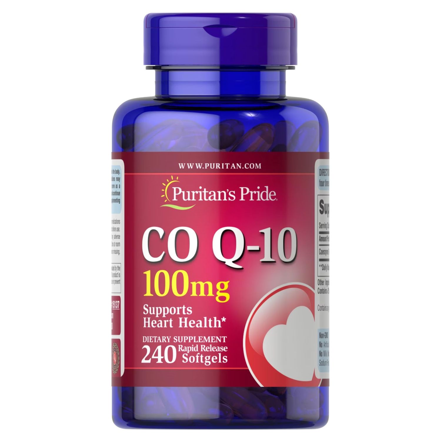 Puritan&#39;s Pride Coenzyme CoQ10 100mg, Dietary Supplement for Heart Health, Blood Pressure, Oral Gum Health, and Healthy Aging Support, 60 Day Supply, 240 Rapid Release Softgels