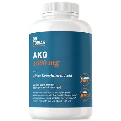 Dr. Tobias AKG Supplement 1000mg Per Serving, Bioavailable Alpha Ketoglutaric Acid, Supports Cellular Energy &amp; Nitric Oxide Flow, Vegan, Gluten-Free, Non-GMO, 180 Capsules, 90 Servings