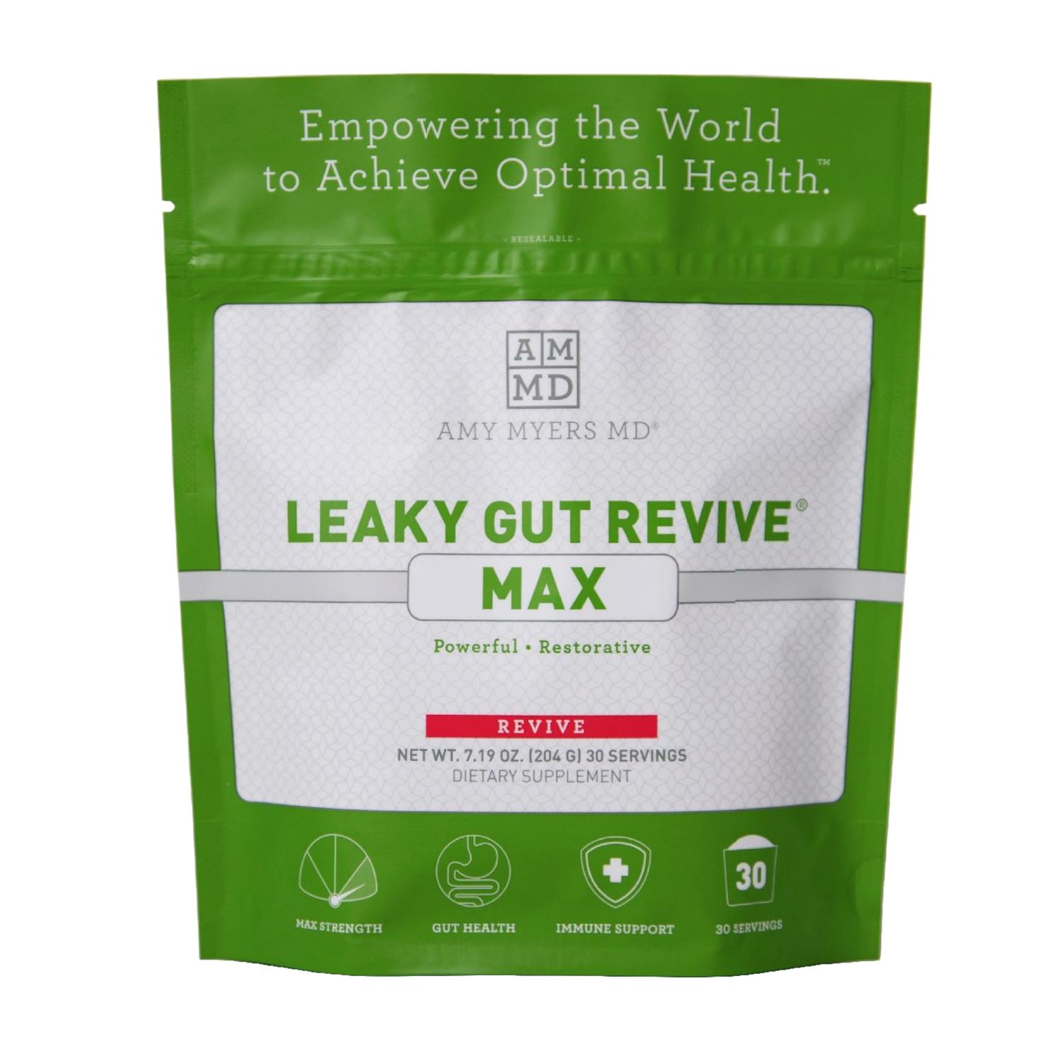 Dr. Amy Myers Leaky Gut Revive MAX Powder for Leaky Gut Repair - Potent L-Glutamine Powder to Support Constipation, IBS, Diarrhea, Bloating, Gas, SIBO - Plant Based Supplement for Gut Health, 1 Month