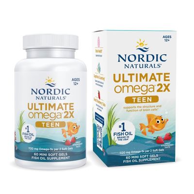 Nordic Naturals Ultimate Omega 2X Teen, Strawberry - 60 Mini Soft Gels - 1120 mg Total Omega-3s with EPA &amp; DHA - Brain Health, Positive Mood, Social Development, Learning - Non-GMO - 30 Servings