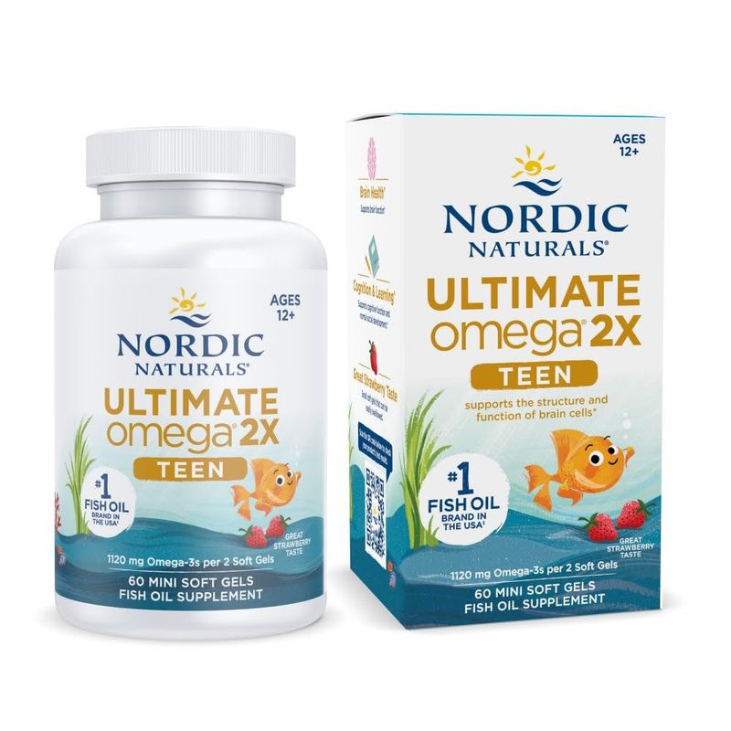 Nordic Naturals Ultimate Omega 2X Teen, Strawberry - 60 Mini Soft Gels - 1120 mg Total Omega-3s with EPA &amp; DHA - Brain Health, Positive Mood, Social Development, Learning - Non-GMO - 30 Servings