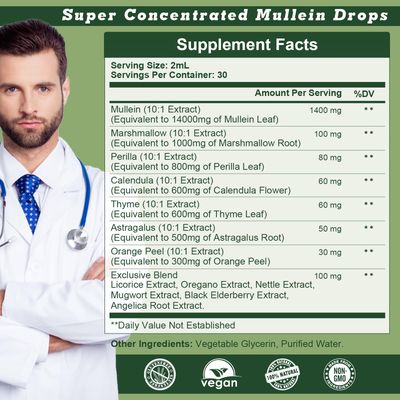 (2 Pack) Mullein Drops for Lungs - 14000mg Mullein Leaf Extract for Lung Detox &amp; Cleanse, Support for Respiratory, Immune, Digestive System, Natural Mullein Liquid Tincture, Non-GMO, 4 FL OZ