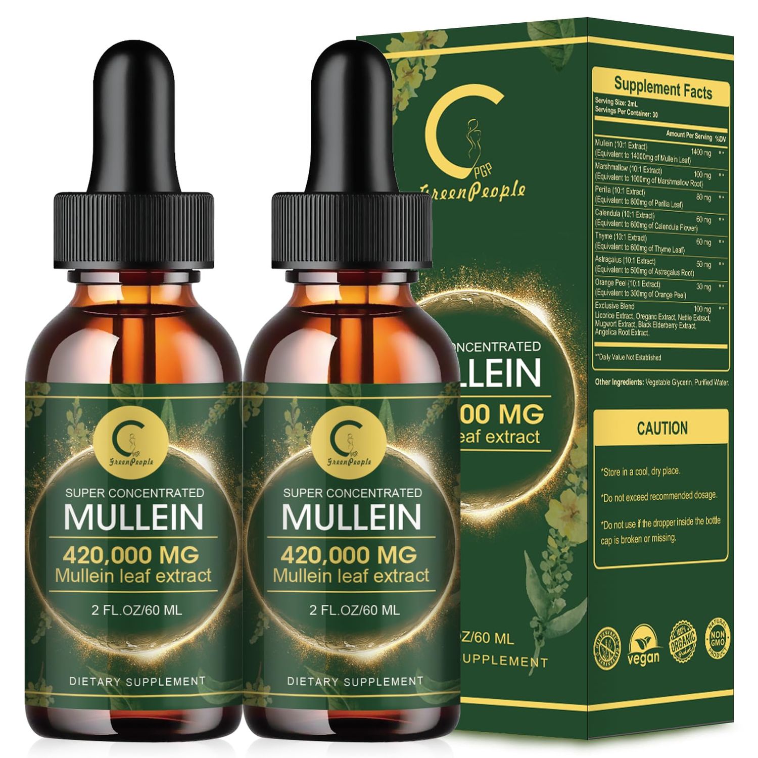 (2 Pack) Mullein Drops for Lungs - 14000mg Mullein Leaf Extract for Lung Detox &amp; Cleanse, Support for Respiratory, Immune, Digestive System, Natural Mullein Liquid Tincture, Non-GMO, 4 FL OZ
