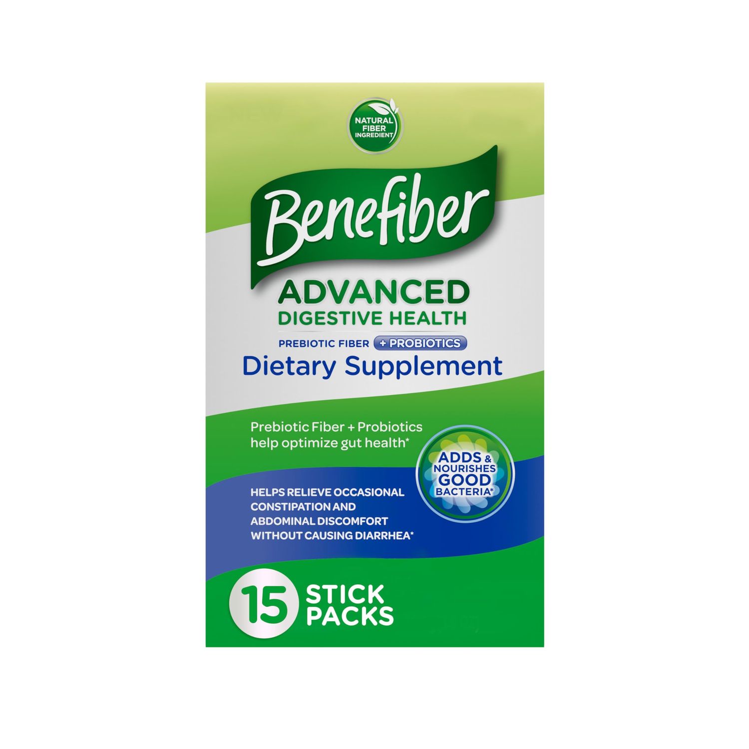 Benefiber Advanced Digestive Health Prebiotic Fiber Supplement Powder with Probiotics for Digestive Health, Low FODMAP - 15 Sticks (3.0 Ounces)