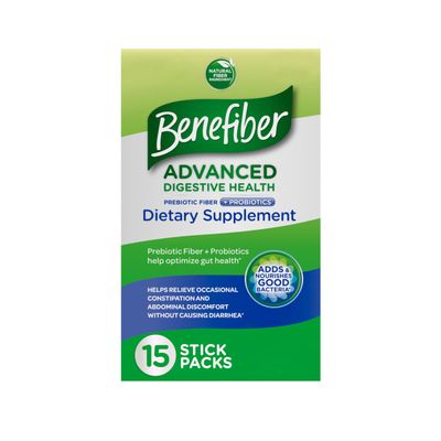 Benefiber Advanced Digestive Health Prebiotic Fiber Supplement Powder with Probiotics for Digestive Health, Low FODMAP - 15 Sticks (3.0 Ounces)
