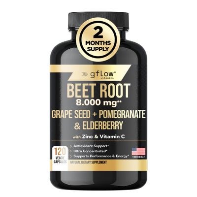Beet Root Powder Capsules 8000mg High concentrated formula, Beetroot Extract, Elderberry with Vitamin C and Zinc, Pomegranate, Grape Seed, Nitric Oxide Supplement - Non-GMO, USA Made - 2 Months Supply