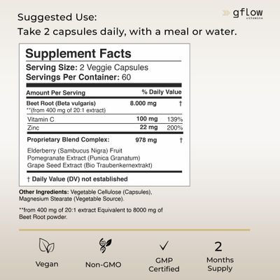 Beet Root Powder Capsules 8000mg High concentrated formula, Beetroot Extract, Elderberry with Vitamin C and Zinc, Pomegranate, Grape Seed, Nitric Oxide Supplement - Non-GMO, USA Made - 2 Months Supply