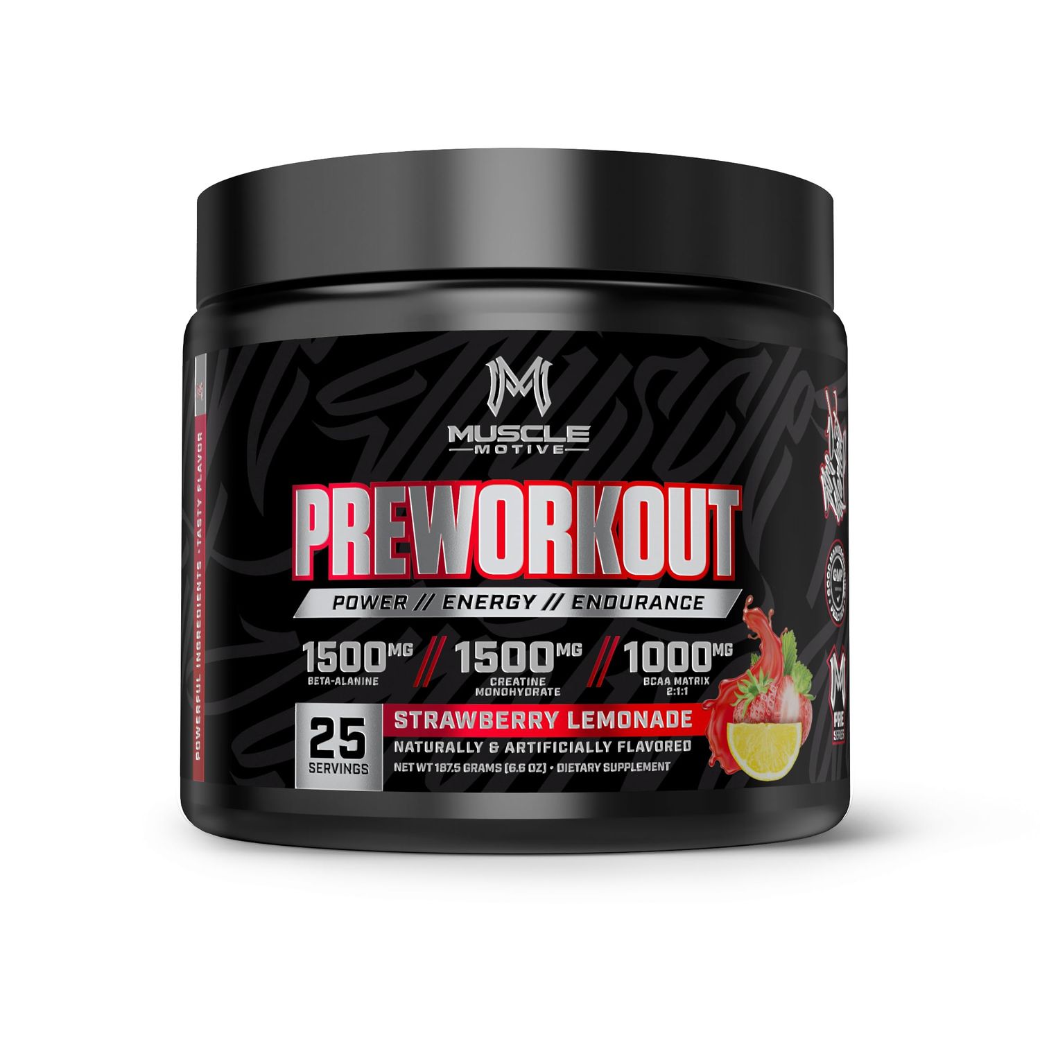 Muscle Motive Pre Workout Powder with Beta Alanine, Creatine Monohydrate, BCAA, L Citrulline, L Arginine and Caffeine - Strawberry Lemonade Flavor - 25 Servings