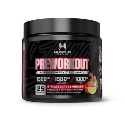 Muscle Motive Pre Workout Powder with Beta Alanine, Creatine Monohydrate, BCAA, L Citrulline, L Arginine and Caffeine - Strawberry Lemonade Flavor - 25 Servings