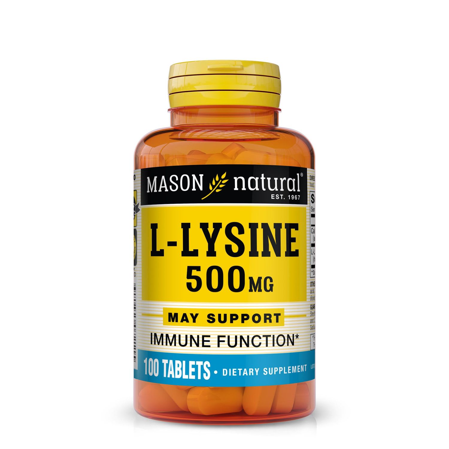 MASON NATURAL L-Lysine 500 mg with Calcium - Improved immune Function, Enhanced Nutrient Absorption, Essential Amino Acid, 100 Tablets