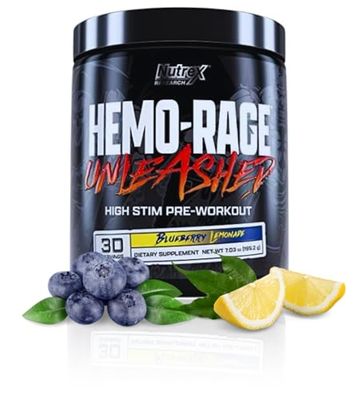 Nutrex Research Hemo-Rage Extreme High Stim Pre Workout Powder | Insane Lasting Energy, Focus, Endurance &amp; Pump Booster Preworkout Supplement | Blueberry Lemonade 30 Servings