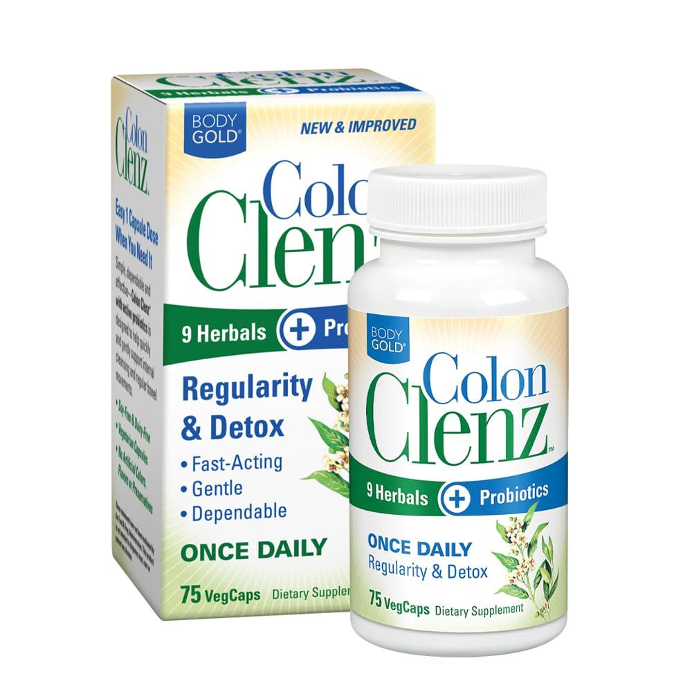 Body Gold Colon Clenz Regularity &amp; Detox Formula | Once Daily Support with 9 Herbs + Active Probiotics | 75 CT