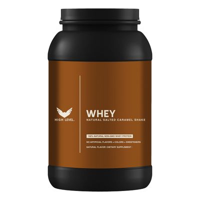 High Level Whey Protein Powder - Natural, 24g Protein, 2 lb, Salted Caramel Shake Sweetened with Stevia, Ultra-Filtered, Non-GMO, Includes Digestive Enzymes, No Artificial Additives, Made in USA