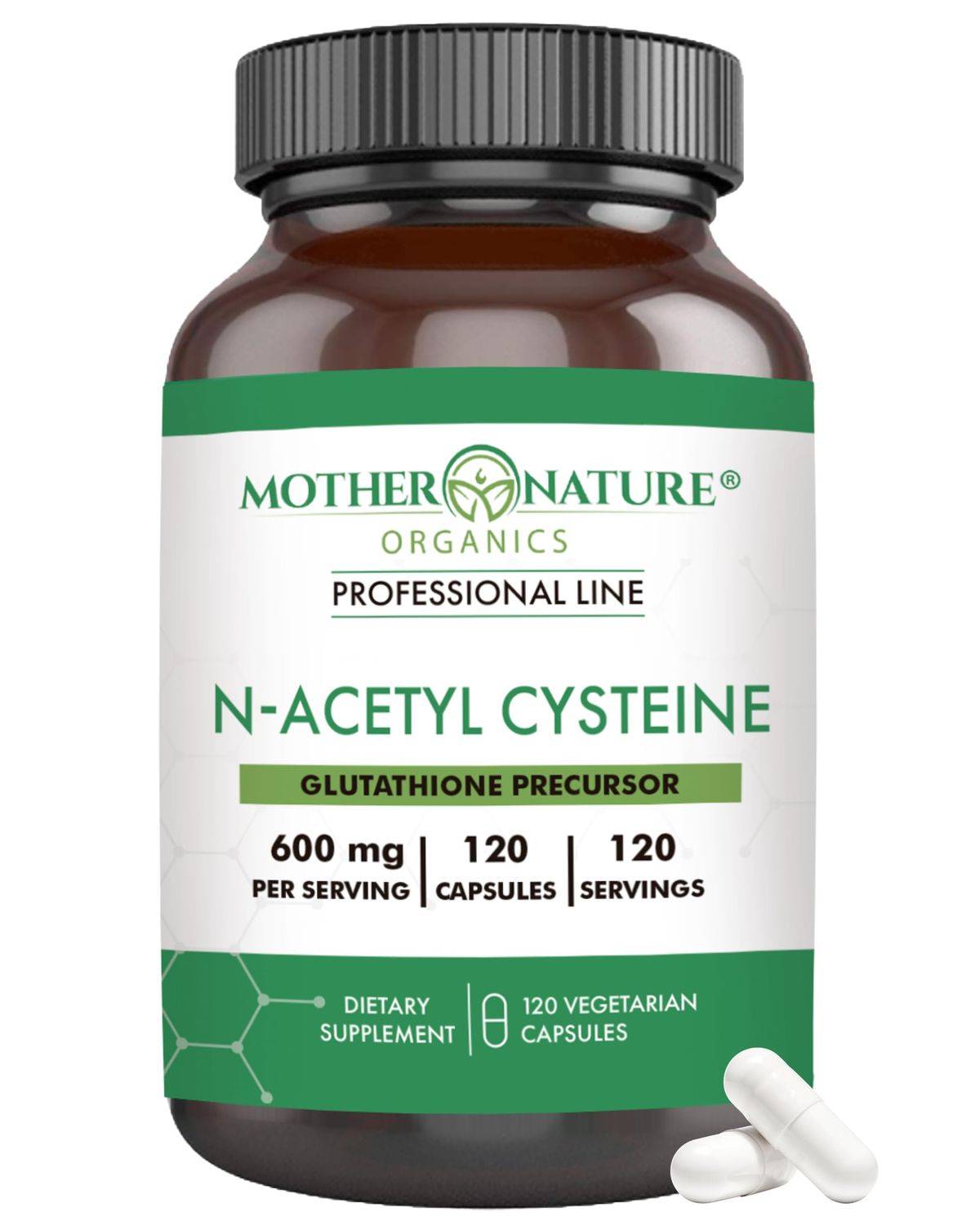 Mother Nature N-Acetyl-L-Cysteine, NAC 600 mg for Glutathione Production - Potent Antioxidant for Liver &amp; Immune Support, Respiratory and Heart Health, 120 Capsules