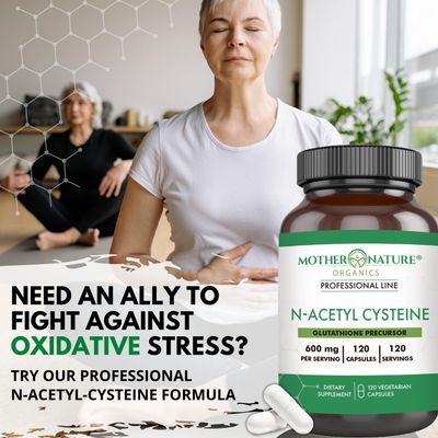 Mother Nature N-Acetyl-L-Cysteine, NAC 600 mg for Glutathione Production - Potent Antioxidant for Liver &amp; Immune Support, Respiratory and Heart Health, 120 Capsules