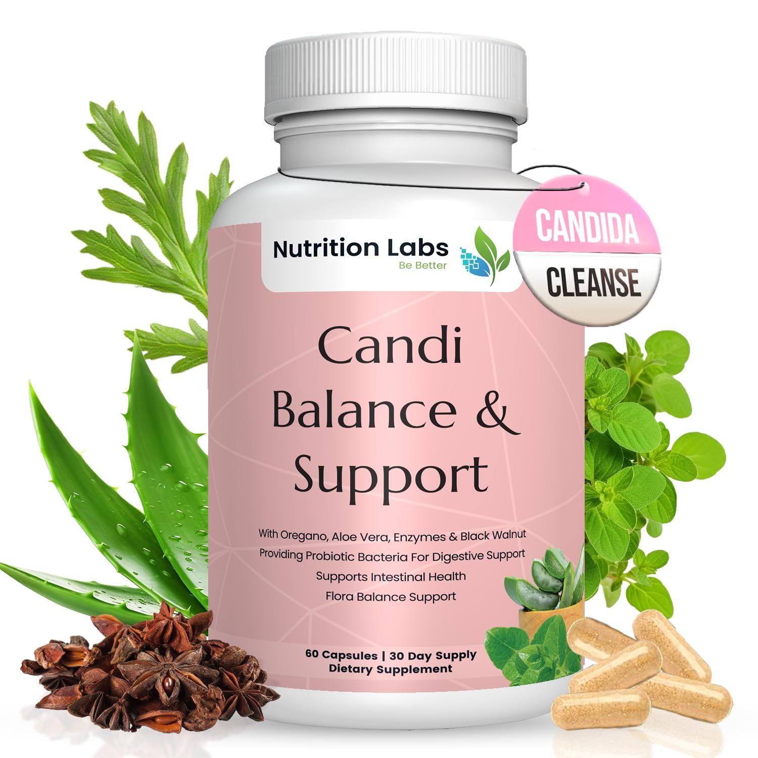 NUTRITION LABS BE BETTER Candida Yeast Cleanse Supplement for Women &amp; Men. Gut Flora &amp; pH Level, Intestinal Health W/Probiotics. Anti Yeast Overgrowth W/Oregano, Caprylic Acid 60 CT
