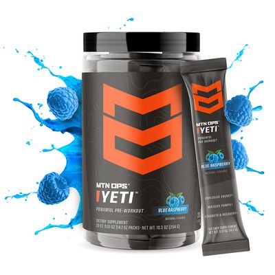 MTN OPS Yeti Trail Packs Pre-Workout Powder Energy Drink with Creatine, 200mg Caffeine &amp; BCAAs with Beta Alanine, 20-Single Servings, Blue Raspberry