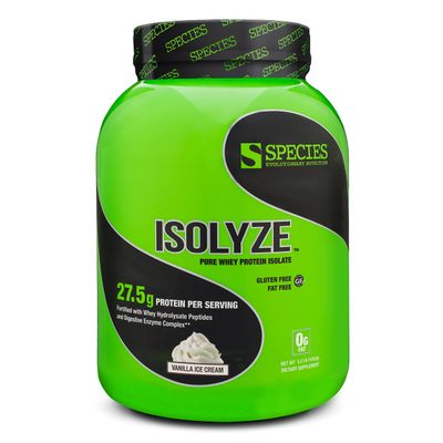 Species Nutrition Isolyze Whey Protein Powder, 100% Whey Isolate Protein, Whey Protein for Muscle Building, 27.5g Protein Per Scoop, No Sugar &amp; Low Fat Protein (Vanilla Ice Cream, 44 Servings)