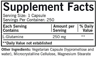 L-Glutamine 250 mg - Hypoallergenic | 250 Vegetarian Capsules | Amino Acid | Gluten and Casein Free