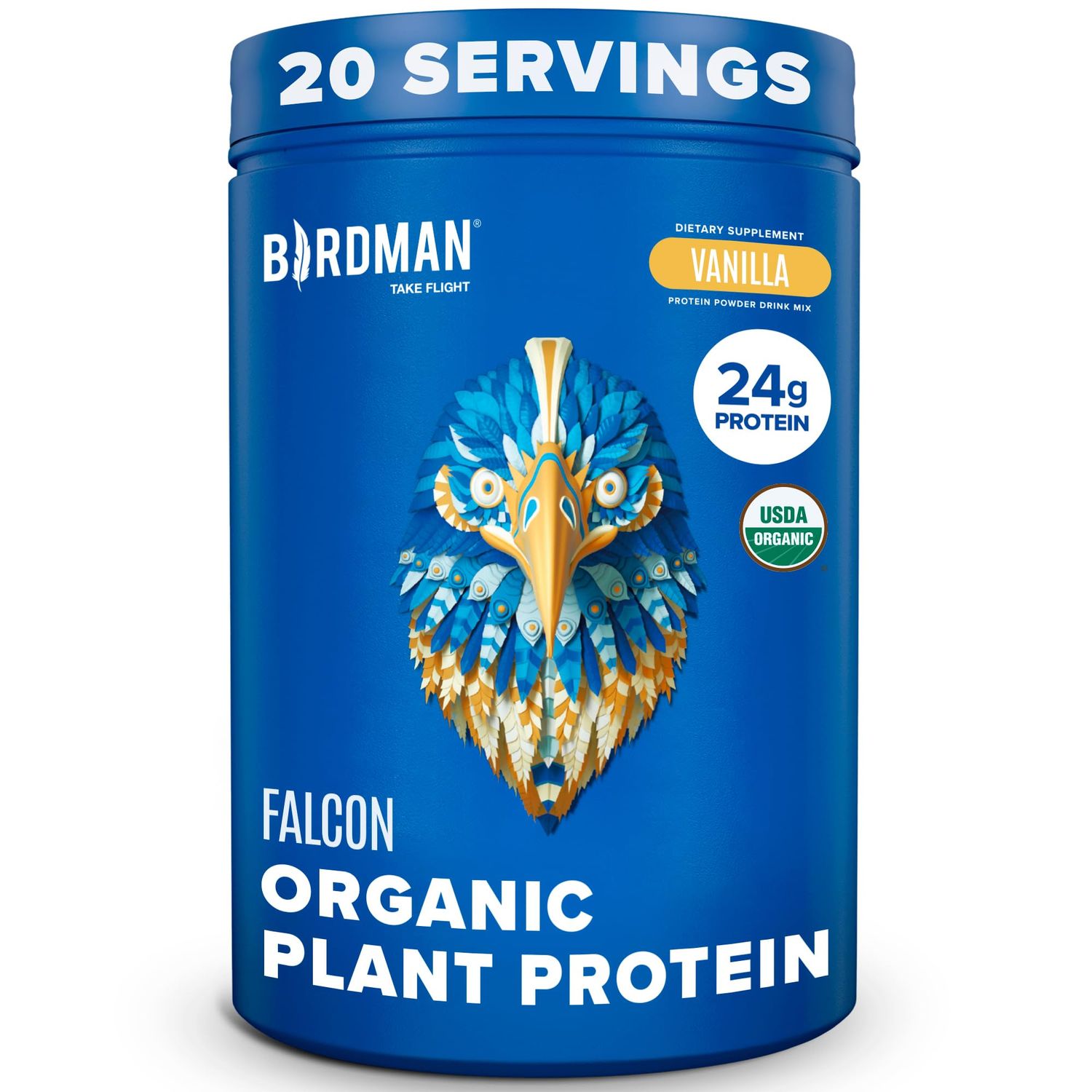 BIRDMAN Falcon Organic Vegan Protein Powder Vanilla, 24g Protein, Sugar Free, Probiotics, Low Carb, Keto Friendly, Dairy Free, Lactose Free, Non Whey, Plant Based Pea Protein Powder - 20 Servings