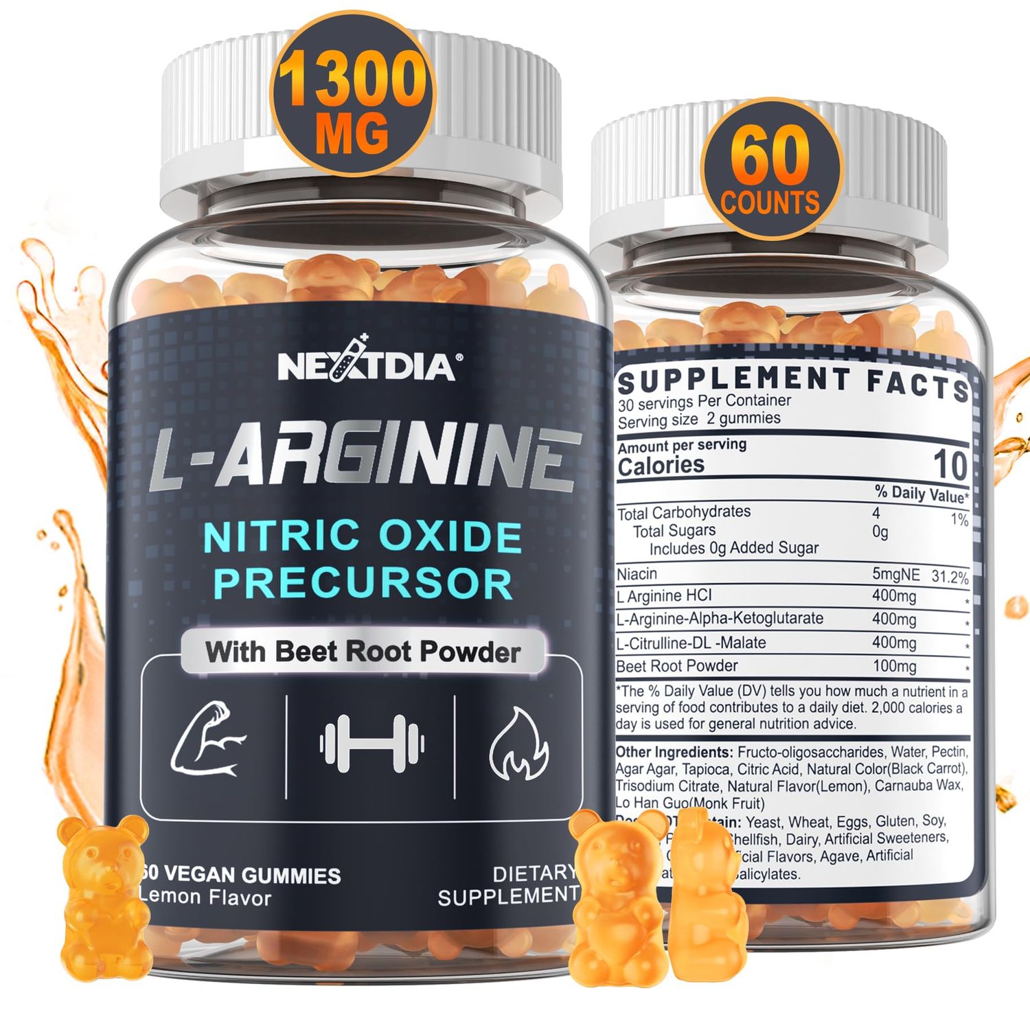 Sugar Free L Arginine Nitric Oxide Gummies 1300mg for Men &amp; Women with L Citrulline, Beet Root, B3 | L Arginine L Citrulline Supplements for Performance, Muscle Growth &amp; Recovery | Vegan, 60 Counts