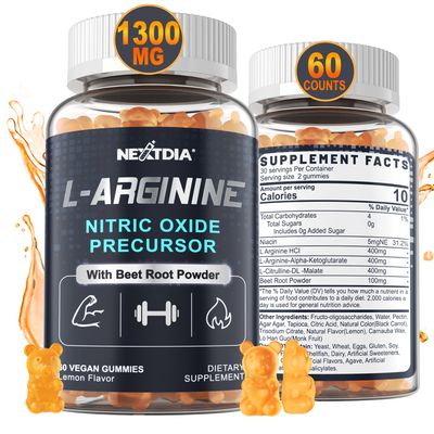 Sugar Free L Arginine Nitric Oxide Gummies 1300mg for Men &amp; Women with L Citrulline, Beet Root, B3 | L Arginine L Citrulline Supplements for Performance, Muscle Growth &amp; Recovery | Vegan, 60 Counts