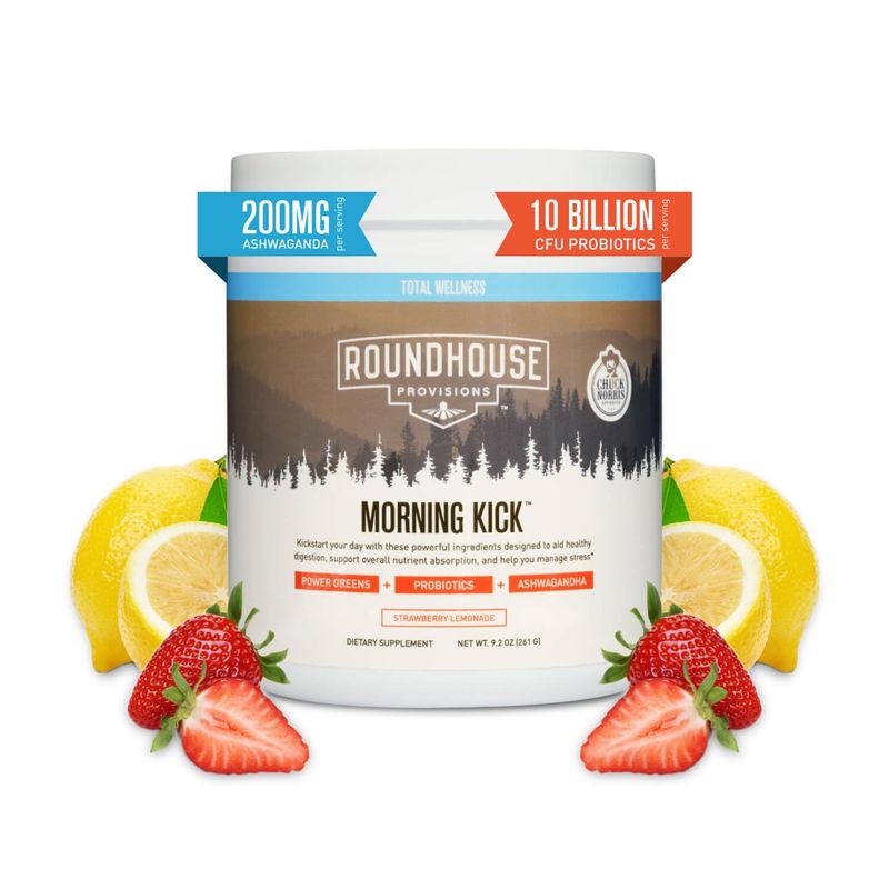 ROUNDHOUSE PROVISION Morning Kick, Greens Superfood Powder Supplement with Ashwaganda, Collagen, Probiotics, Supports Energy Levels, 30 Servings (Strawberry Lemonade) by Chuck Norris