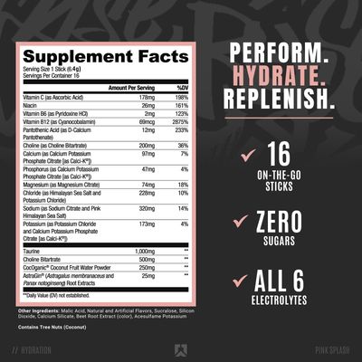 Ryse Core Hydration | On The Go Electrolyte Drink Mix Packets | with All 6 Electrolytes + Essential Vitamins | Zero Sugar | 16 Servings (Pink Splash)
