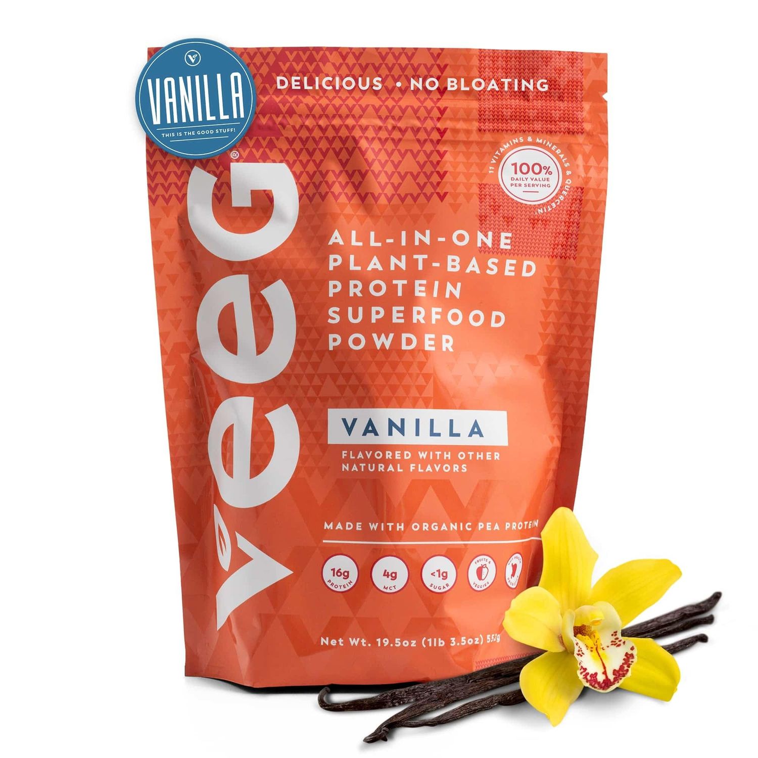 Veeg Meal Replacement Powder, All-in-One Plant-Based Protein Superfood with 50+ Superfoods &amp; Vitamins, Organic Greens &amp; Reds, MCT, Probiotics | Non GMO Vegan Protein Powder Vanilla, 15 Servings