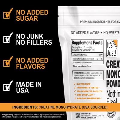 It's Just! - Creatine Monohydrate Powder, Pure Creatine Powder, Made in USA, 3rd Party Lab Tested, 5g Per Serving, Scoop Included, No Fillers, No Added Flavor (Unflavored, 500g / 100 Servings)